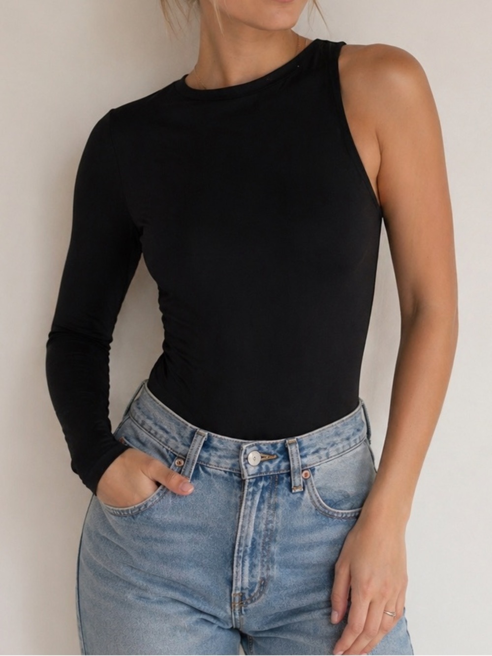Zara Black Asymmetrical Long Sleeve Bodysuit